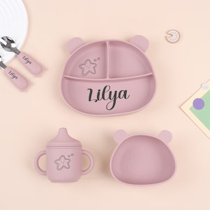 Juego de destete de silicona personalizado, plato de bebé personalizado, juego de destete de dibujos animados para bebés pequeños, juego de alimentación con nombre, regalo de baby shower.