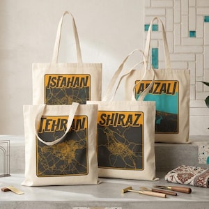 Bolso de mano de lona de algodón con mapa de la ciudad de Irán /کیف پارچه ای نقشه شهرهای ایران / Teherán, Kish, Anzali, Isfahan, ...