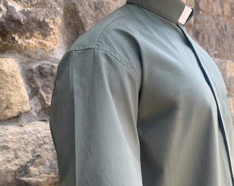 Khaki short sleeve shirt for priest, Shirt for clergy, Clerical collar shirt, Shirt with white collar for the clergy, Orthodox Shirt