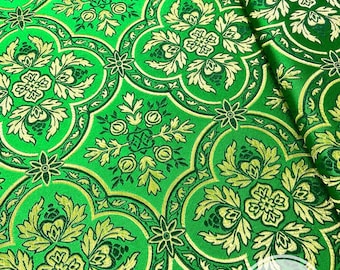 Broccato ecclesiastico verde e oro, tessuto ricamato, broccato non metallico, broccato liturgico per talare, tessuto per paramenti tagliato su misura/al metro