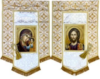 Church Banner with the Icon of Theotokos and Christ our God, Horugvies  Pair, Church Banners with Church Fabric and Icons