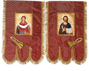 Full Embroidered Church Banner with the Icon of Virgin Mary and Jesus Christ, Horugvies  Pair, Church Banners with Embroidery and Icons