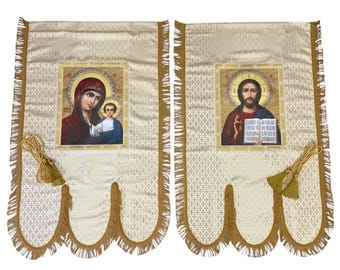 Embroidered Gold Church Banner, Horugvies Pair, Church Banners with Embroidery and Icons, Christian Сhurch Decor, The Orthodox Church Banner