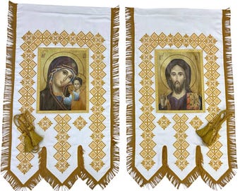 Full Embroidered Church Banner with the Icon of Theotokos and Christ our God, Horugvies  Pair, Church Banners with Embroidery and Icons