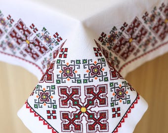 Ukrainian Embroidered Tablecloth, Ukrainian Tablecloth for Easter, Traditional Tablecloth, Rustic Square Table Linens, Custom size available