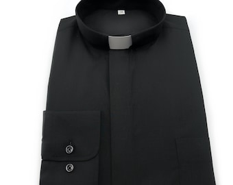 Black shirt for priest, Black shirt with white collar, Clergy vestments, Classic stand-up collar shirt for pastor, Orthodox Shirt