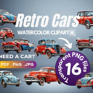 Vintage Car Watercolor Bundle - Clipart Set with Classic Cars PNG, Art Package, Automobile Set, Instant Download, Designs for T-Shirts