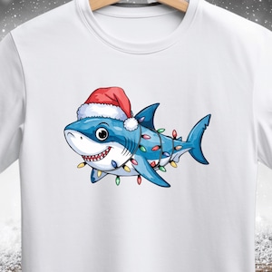 Santa Shark Christmas Lights SVG, Funny Xmas Baby Shark PNG, Holiday Decor, Cute Sharkmas Design for T-Shirts & Crafts