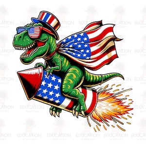 Stelle e strisce T-Rex a cavallo di fuochi d'artificio SVG, divertente download digitale del 4 luglio, bandiera americana del giorno dell'indipendenza PNG