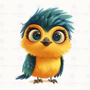 Sweet Bird Clipart SVG for DIY Gifts and Decorations, Yellow with Blue Spiky Hair, Funny Cartoon Animal Digital Download