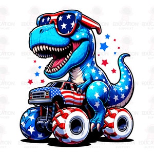 Stars and Stripes T-Rex Clipart Monster Truck SVG, Divertente download digitale del 4 luglio, Independence Day America Flag PNG