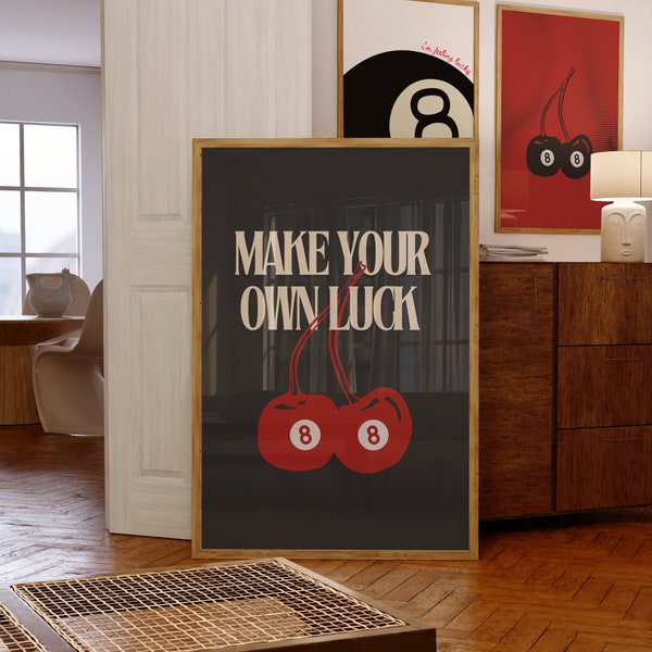 Make Your Own Luck 8 Ball Cherry Print Retro Wall Art Trendy Aesthetic Wall Decor Apartment Bar Cart Posters Printable Art Digital Download
