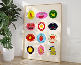 Fruit Sticker Art Poster Retro Vintage Stickers Aesthetic Vintage Style Poster Farmers Market Poster Trendy Wall Art Colorful Home Decor