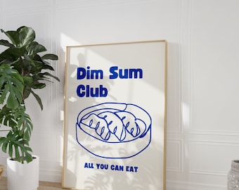 Dim Sum Club Blue Print Food Art Retro Poster Dumplings Print Kitchen Wall Decor Girly Art Retro Food Asian Food Bar Cart Vintage Food Print