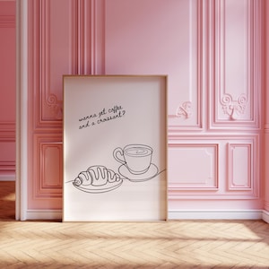 Coffee Croissant Print Retro Coffee Poster Coffee Lover Croissant Art Food Art Black Minimal Kitchen Art Cool Digital Download Printable Art