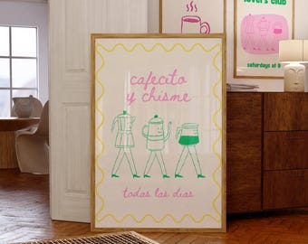 Cafecito y Chisme Print Coffee Lovers Art Kitchen Wall Art Apartment Decor Girly Art Colorful Art Pink Yellow Printable Art Digital Download
