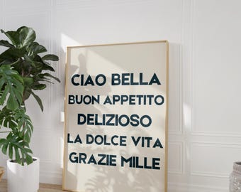 Italian Greetings Print Typography Poster White Wall Art Trendy Quote Print Italy Wall Art Feminine Art Italian Quote Positive Art Digital