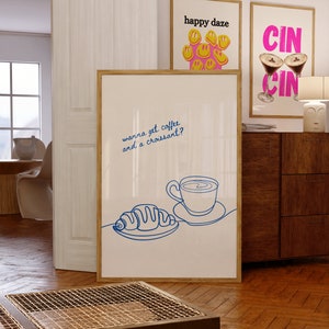 Café Croissant Impresión Retro Café Cartel Café Amante Croissant Arte Comida Arte Azul Minimal Cocina Arte Fresco Digital Descargar Arte Imprimible