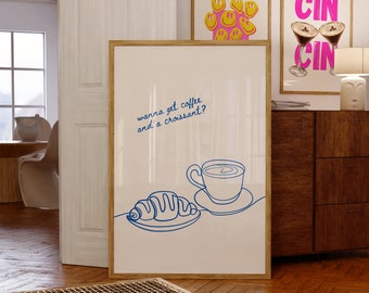 Coffee Croissant Print Retro Coffee Poster Coffee Lover Croissant Art Food Art Blue Minimal Kitchen Art Cool Digital Download Printable Art
