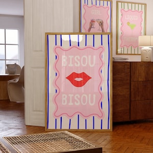 Bisou Bisou 赤い唇の印刷可能なアート フランス語の引用プリント 女の子の部屋の装飾ギフト デジタルダウンロード トレンディなレトロな学生寮の装飾 ガーリーな美学