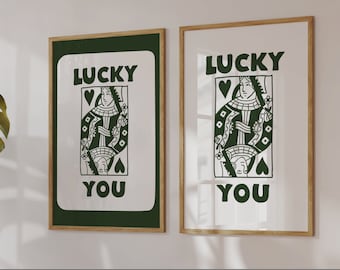 Set of 2 Lucky You Print-Green and White Print-Queen Print-Printable Wall Art-Lucky You Poster-Trendy Retro Wall Art-Girly Art-Funky Decor