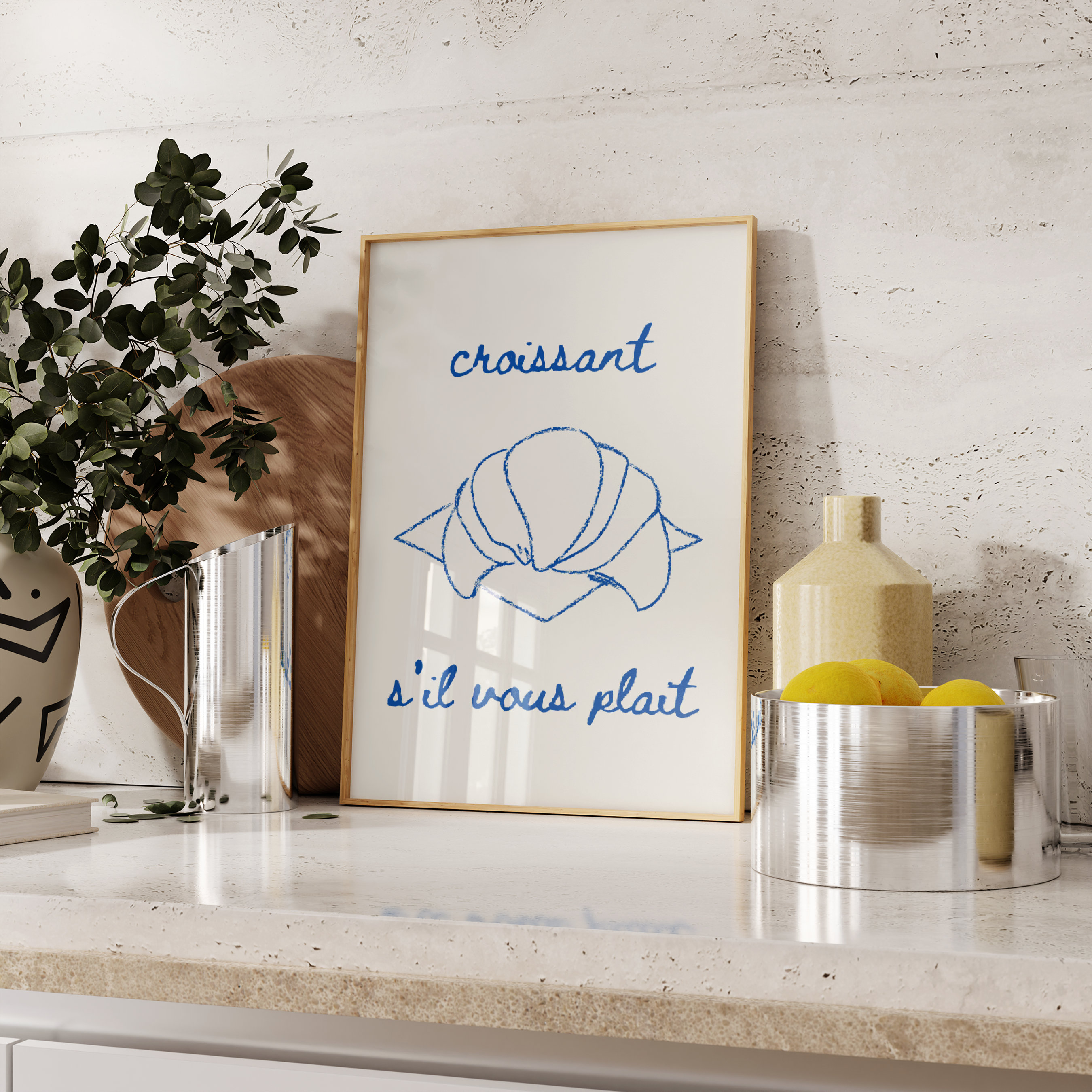 Croissant French Cafe Print Blue Retro Minimalist Poster Sil Vous Plait Kitchen Decor Croissant Lover Food Art Printable Digital Download