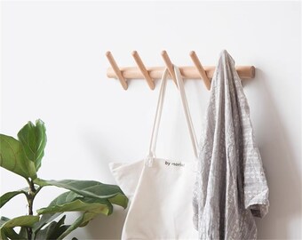 Solid beech wood hooks, coat hooks on bedroom entrance wall, creative wooden wall hangings