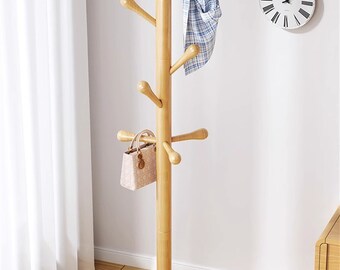 Solid wood coat rack, floor-standing storage, living room clothes rack, home vertical simple bag rack, thick round chassis