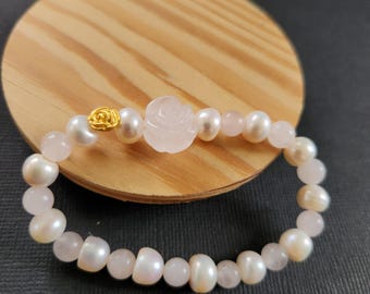 24K Gold Bracelet Pure 999 Gold Natural Pearl CrystalBead Bracelet - 24k黄金 999足金 珍珠粉晶玫瑰 转运珠手链