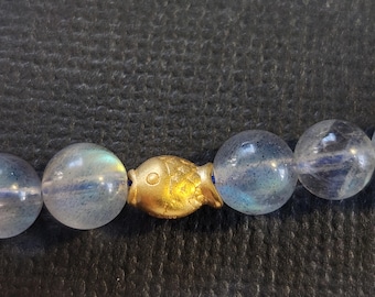 24K Gold Bracelet Pure 999 Gold Fish Natural LabradoriteBead Bracelet - 24k黄金 999足金 转运珠手链