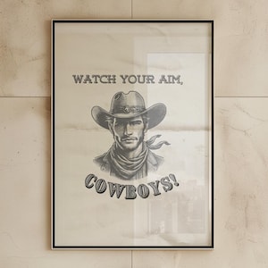 Funny cowboy bathroom art print,Cowboy with short pistol,Humour men toilet wall art, Vintage country bath art,Funny western WC poster sign