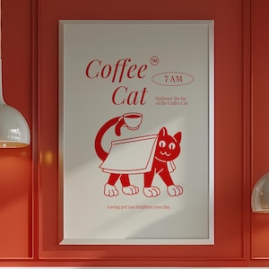 コーヒー猫のポスター、猫のコーヒーステーションのプリント、猫好きのキッチンの壁アート、ミニマリストのエスプレッソ猫のアートワーク、猫ママのアート、漫画の子猫のホームデコレーション