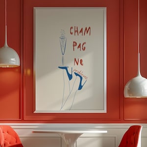 Champagneproblemen, trendy barwagenafdruk, esthetische keukeninrichting, retro eetkamerkunst, minimalistische champagneposter, handgetekende alcoholkunst