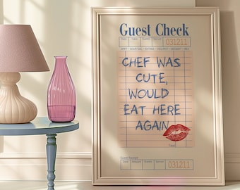 Chef was cute would eat here again, Guest check print, 70s style kitchen print, Retro kitchen artwork,Maximalist decor, Cook, Lips, Chef