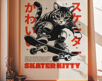 Skateboard wall art,Cat skateboarding poster,Modern skater art print,Teen boy girl room decor, Pop street art,Cool cat wall art,Skater kitty