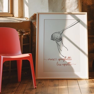 More spaghetti less upsetti, Spaghetti wall art, Funny pasta poster, Pasta lover gift, Funny kitchen saying art ,Spaghetti on a fork, Diner
