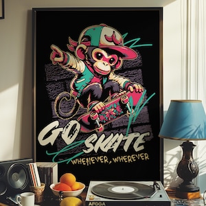 Skateboard wall art,Monkey skateboarding poster,Modern skater art print,Teen boy girl room decor,Pop street art,Cool monkey wall art,Skater
