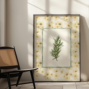 Nancy Meyers Küchenkunst, Rosmarinkrautdruck, florale botanische Wandkunst, französisches Landhausdekor, neutrales Pastellposter im Esszimmer, Sonnenblume
