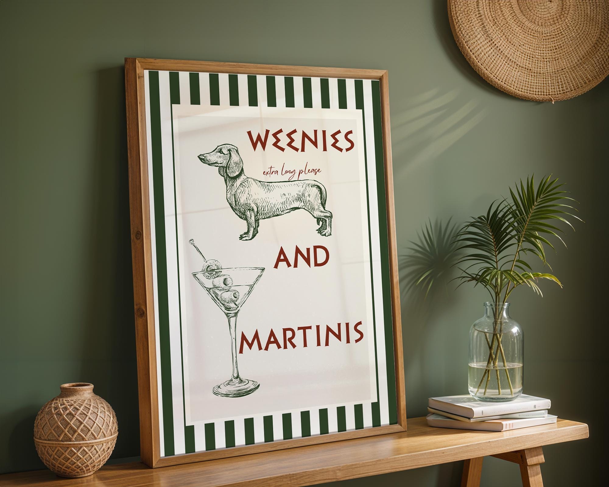 Weenies and martinis print,Old money aesthetic dachshund art,Weenies and martinis dachsund,Funny dog bar cart print,Home bar dog poster,Long