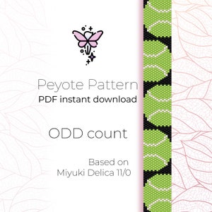 May include: A digital download pattern for a beaded bracelet with a tennis ball design. The pattern is for an odd count peyote stitch and is based on Miyuki Delica 11/0 beads.