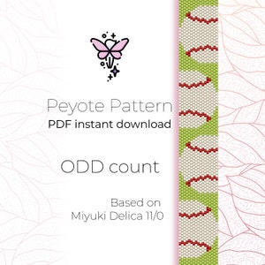 Könnte beinhalten: Ein digitales Peyote-Muster mit dem Text "PDF-Sofort-Download" und "ODD count". Das Design zeigt ein sich wiederholendes Muster aus weißen und roten Formen auf grünem Hintergrund. Basierend auf Miyuki Delica 11/0.