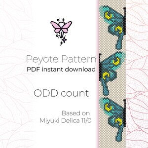 May include: A digital peyote pattern for beadwork featuring a repeating butterfly design in shades of teal, blue, and yellow on a light beige background. The text reads Peyote Pattern, PDF instant download, ODD count, Based on Miyuki Delica 11/0.