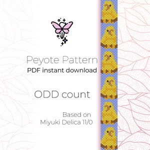 Op de afbeelding: Een digitaal downloadpatroon voor een peyote-steek kralenarmband met een geel vogeltje ontwerp. Het patroon is gebaseerd op Miyuki Delica 11/0 kralen en is voor een armband met een oneven aantal.