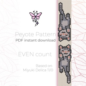 May include: A digital download pattern for a peyote stitch beaded cat charm. The pattern is based on Miyuki Delica 11/0 beads and is for an even count. The pattern is illustrated with a beaded cat charm in grey, white, and pink.