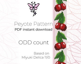 Cerises | Motif peyotl | Nombre de cotes | Modèle de bracelet peyotl en téléchargement numérique PDF basé sur des perles de rocaille Miyuki Delica 11/0