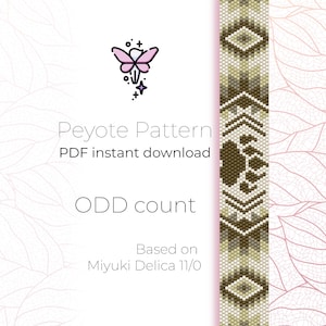May include: A digital download pattern for a peyote stitch beaded bracelet. The pattern is based on Miyuki Delica 11/0 beads and features an odd count. The pattern is illustrated with a beaded bracelet in brown, beige, and white.