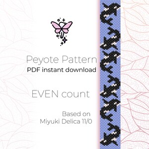 May include: A digital download pattern for a peyote stitch beaded bracelet featuring a repeating design of black and white orcas on a light blue background. The pattern is based on Miyuki Delica 11/0 beads and is for an even count.