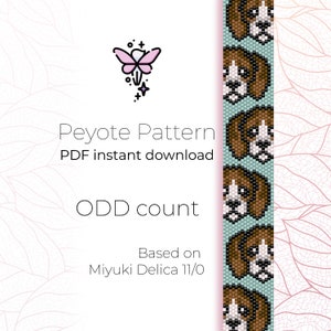 Op de afbeelding: Een digitaal downloadpatroon voor een kralenarmband met een herhalend ontwerp van een beagle-hondenkop. Het patroon is gebaseerd op Miyuki Delica 11/0 kralen en is voor een oneven aantal peyote-steken.
