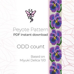 May include: A digital download pattern for a beaded bracelet featuring a purple and yellow flower design. The pattern is for peyote stitch and is based on Miyuki Delica 11/0 beads. The pattern is for an odd count.