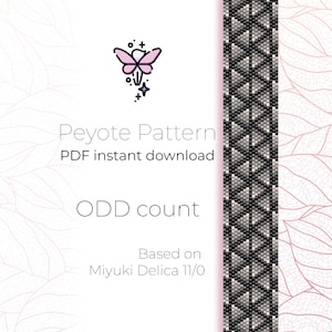May include: A digital download pattern for a beaded bracelet with a black and white geometric design. The pattern is for peyote stitch and is based on Miyuki Delica 11/0 beads. The pattern is for an odd count bracelet.